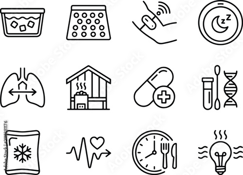 Biohacking and wellness line icons set, 12 health optimization vector symbols, longevity and medical technology outline graphics for web