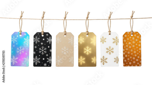 Set of colorful decorative gift tags with winter patterns isolated on transparent background