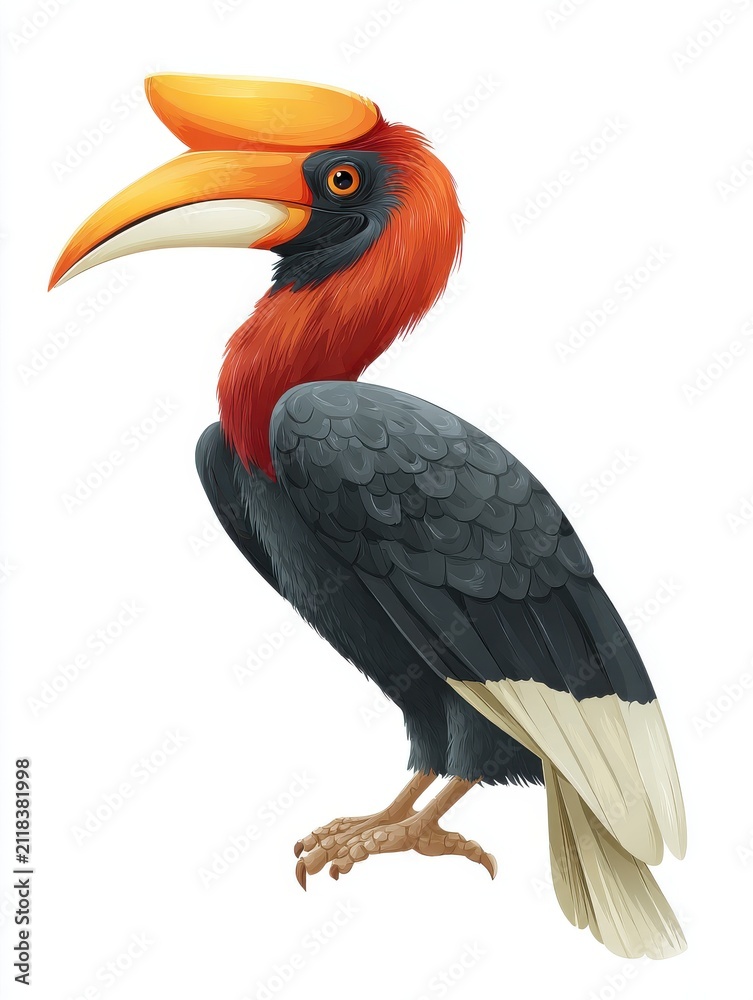 Fototapeta premium Illustration Of A Rufous Necked Hornbill Bird With Orange Casque And Black Feathers Against White