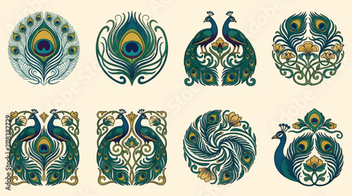 Peacock Feather Ornaments and Illustrations in Art Nouveau Style, Featuring Birds and Floral Motifs, Vector Graphic Elements