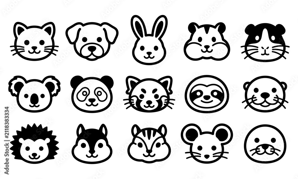 Obraz premium Cute hand drawn animal face icons vector set featuring various forest and domestic creatures in simple black line art