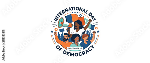 Diverse People Celebrate Democracy Day with Megaphones and Flags