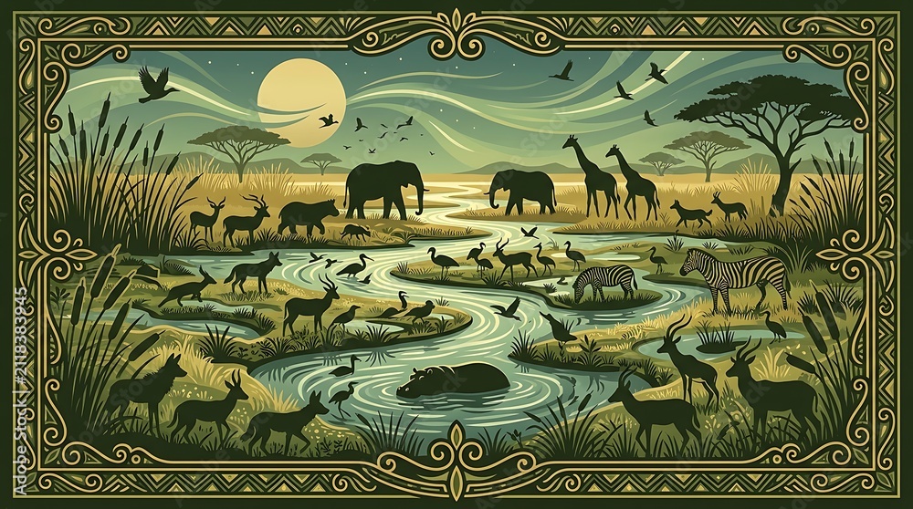 Naklejka premium African wildlife gathered at savanna river with ornate border