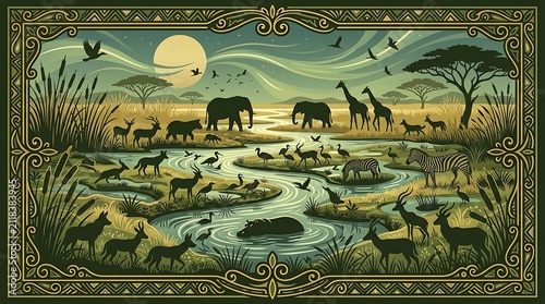 African wildlife gathered at savanna river with ornate border