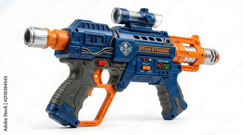 Naklejka premium Futuristic blue and orange toy blaster with scope on white background
