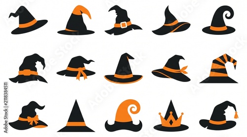 Set of fifteen different witch hat illustrations for halloween decorations and festive holiday design elements on white background