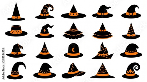 Collection of various black witch hats decorated with orange pumpkins and stars for halloween party design elements
