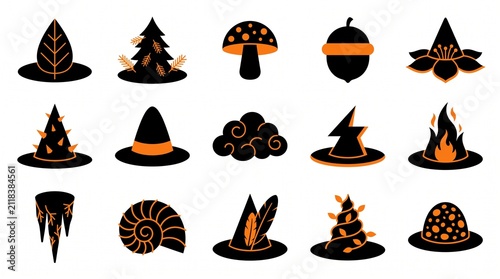Set of cute autumn themed stickers featuring woodland elements like mushrooms pinecones acorns and fall forest foliage
