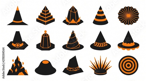 Set of various volcano icons with lava flows and eruptions isolated on a white background for design projects
