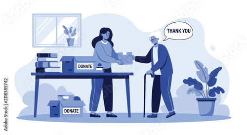 Foto Volunteer worker helping elderly person with donation packages while providing charitable assistance and social support inside community relief center office room