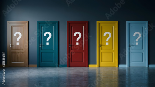 Five distinct wooden doors in brown, teal, red, yellow, and light blue with white question marks, set against a dark gray wall in a sleek, modern hallway with polished concrete floors