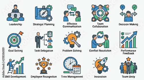 Clean Illustrated Guide to Essential Managerial and Teamwork Skills with Colorful Icons with high quality professional line art symbols for modern creative design and digital branding projects