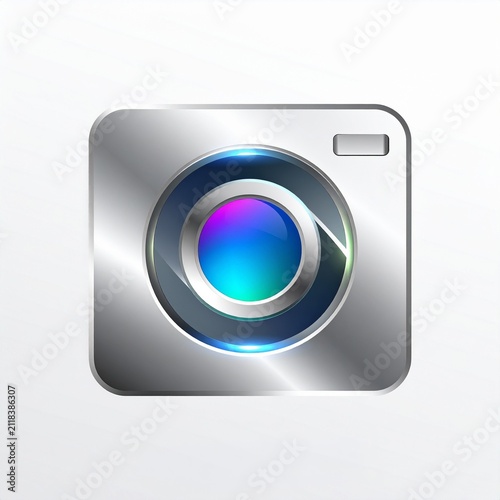 Metallic camera icon design featuring a sleek silver body and vibrant blue lens for photo app UI