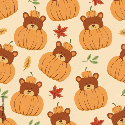 Cute autumn teddy bear in pumpkin costume seamless pattern vector background. Fall teddy bear pumpkin costume seamless pattern with autumn leaves vector for wrapping paper, nursery and kids fabric