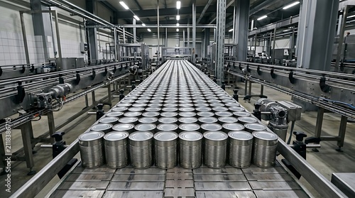 Industrial canning production line with rows of silver metal cans