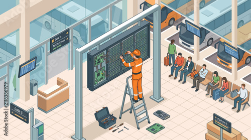 Isometric vector illustration of a technician repairing a digital information display board in a busy bus terminal station with passengers waiting and buses parked outside