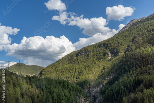 Canvas Print Green mountain slopes rising above a dense conifer forest beneath a bright blue sky, showcasing the natural beauty of the Swiss alpine landscape