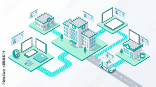 Connected digital healthcare network and smart hospital system isometric vector illustration featuring medical devices, clinics, and ambulance for e-health presentation slides
