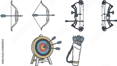 Foto Archery Equipment and Sport Vector Icon Set Featuring Longbows Compound Bows Bul