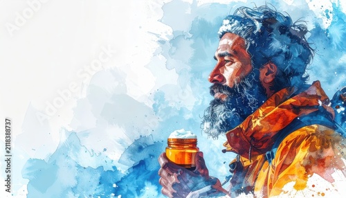 Watercolor illustration of a bearded man in a yellow jacket holding a skincare jar against a blue background with ample copy space for text.