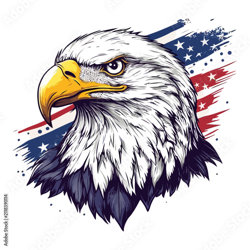 Majestic American bald eagle head vector portrait with USA flag grunge background isolated on white background