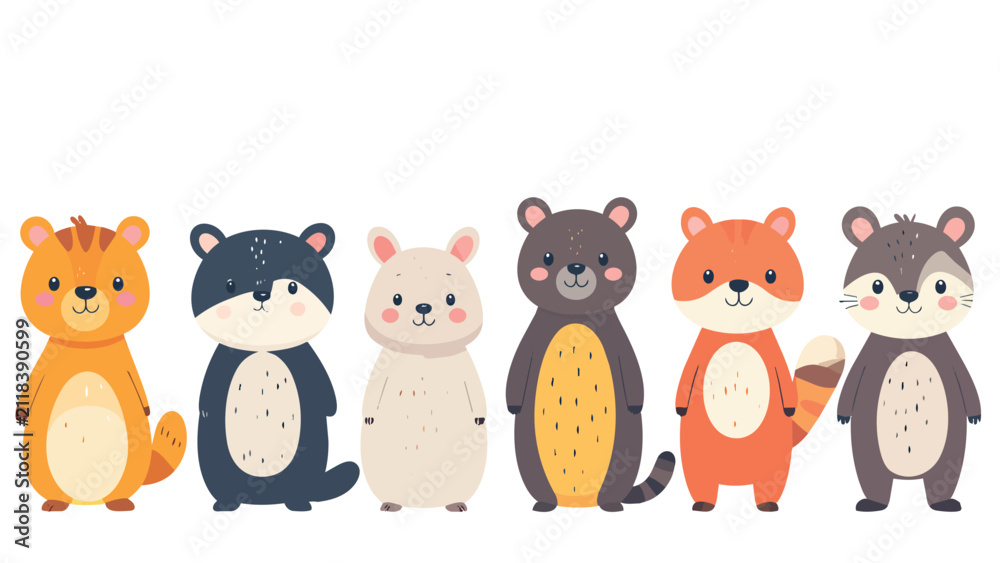 Naklejka premium Adorable collection of cute bear and cat cartoon animal characters in gray and brown tones, charming illustration perfect for children and lifestyle concepts