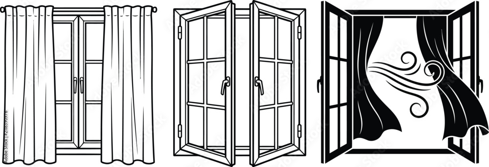 Obraz premium Three stages of opening modern white French doors with curtains blowing in wind