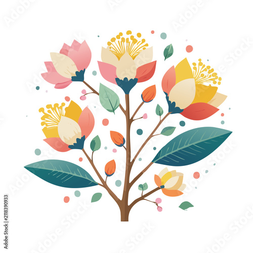 Colorful flat illustration of a flowering branch with leaves and buds