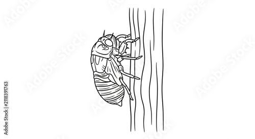 Cicada insect on tree bark side.