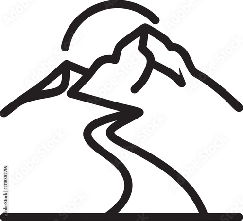 Mountains with winding river and crescent moon outline icon, mountain