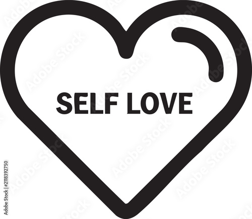 Self love concept in black outline heart icon with self care, positive
