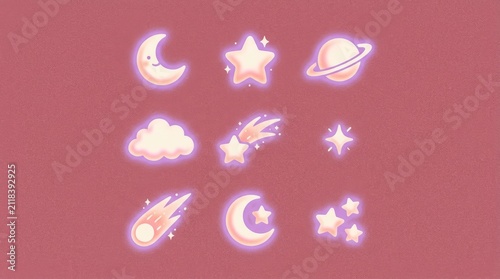 Collection of magical glowing space symbols featuring moon star planet and clouds