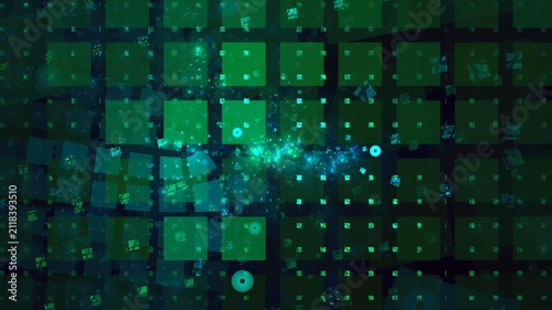 Illustration created as a 3D render without generative AI, abstract futuristic light burst with geometric particles and radiant energy background