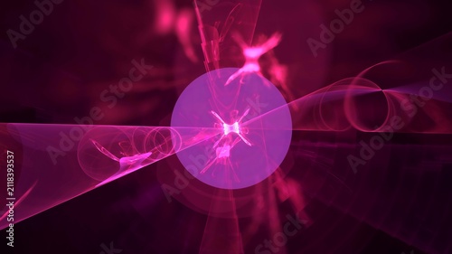 Illustration created as a 3D render without generative AI, abstract futuristic light burst with geometric particles and radiant energy background