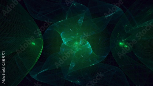 Illustration created as a 3D render without generative AI, abstract futuristic light burst with geometric particles and radiant energy background