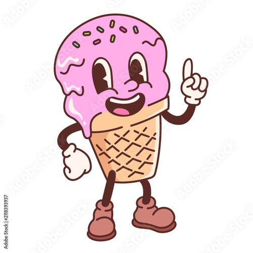 Cute Groovy One Scoop Ice Cream Cone Mascot Character Vector Illustration