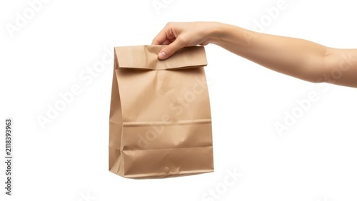 Hand holding a brown paper bag with folded top