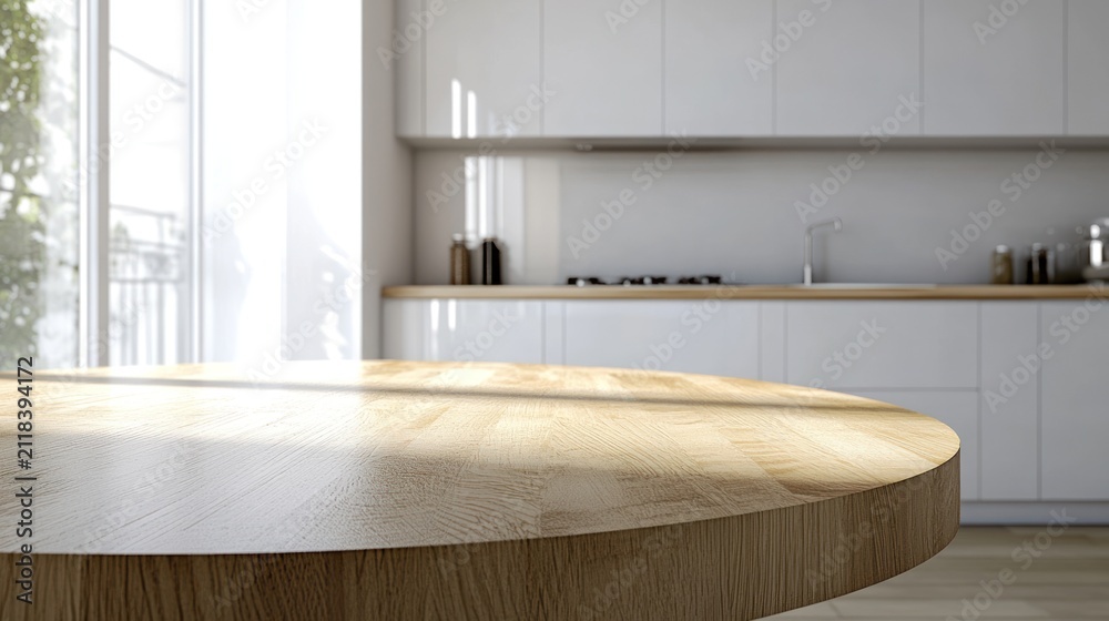 Fototapeta premium Light-filled modern kitchen, round wooden table