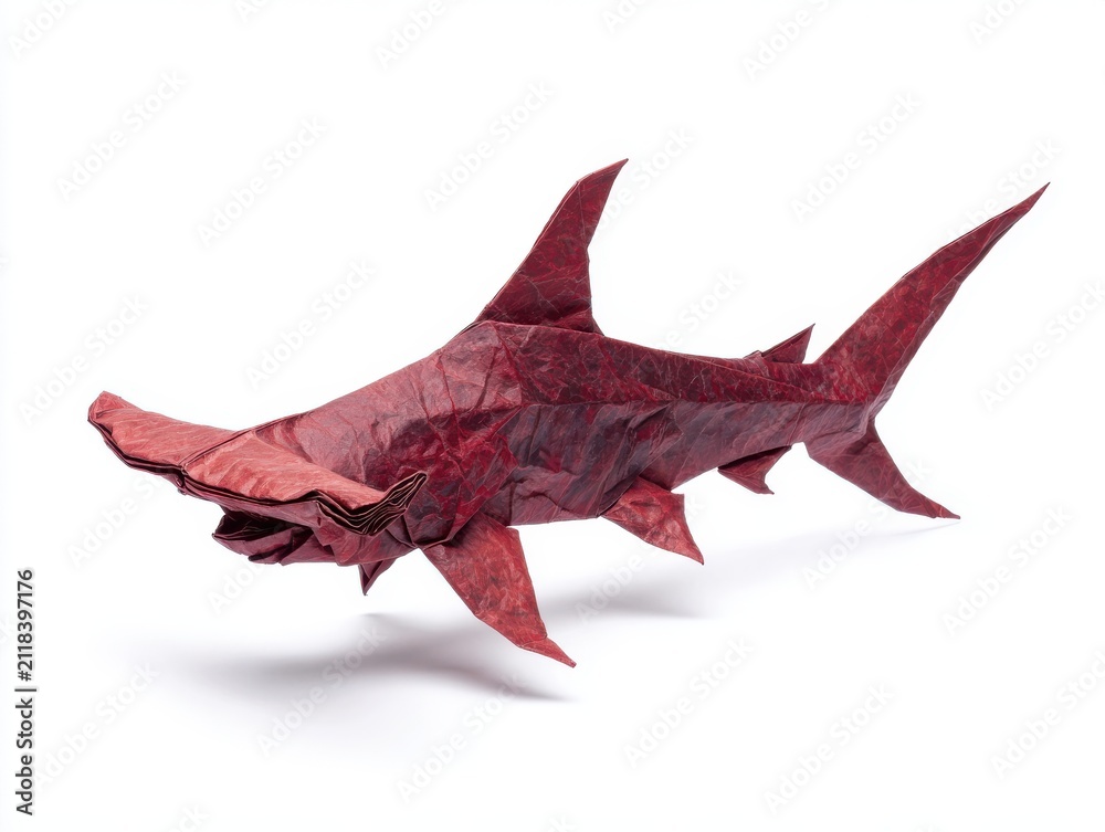 Fototapeta premium Red Paper Origami Hammerhead Shark Sculpture On A Clean White Background