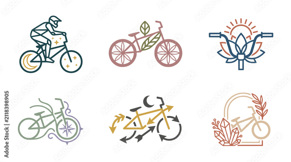 Fototapeta premium Set of six minimalist bicycle and BMX logos featuring celestial and organic elements like moons, stars, leaves, lotus flowers, and crystals in a clean line art style with muted colors.