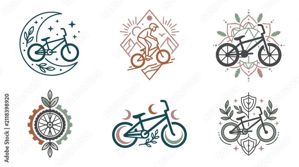 Fototapeta premium Set of six minimalist BMX and bicycle logo templates featuring celestial, nature, and geometric line art elements like crescent moons, stars, mountains, and leaves on a white background.
