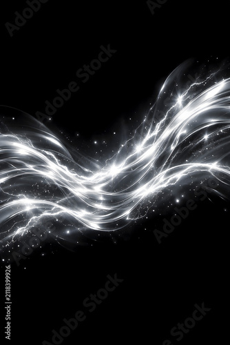 Dynamic Glowing Silver Light Waves and Sparkles on Pitch Black Background