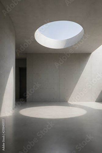 Minimalist Concrete Architecture Interior with Circular Skylight and Natural Sunlight Reflection