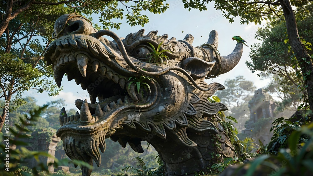 Naklejka premium Ancient Dragon Sculpture in a lush natural environment surrounded by trees