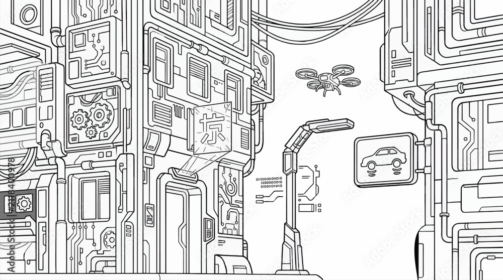 Obraz premium Black and White Cyberpunk Cityscape Illustration with Futuristic Buildings, Drone, and Digital Displays, Clean Line Art Style