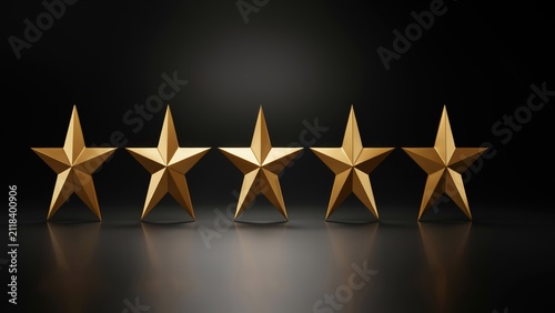 Five golden stars for rating and ranking success isolated on dark background