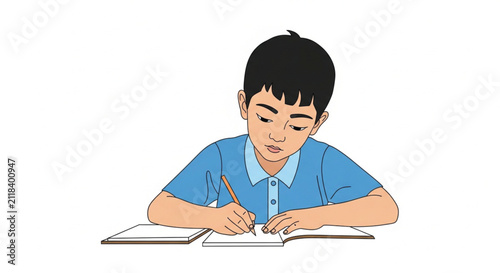 Child writing notes in classroom, educational illustration