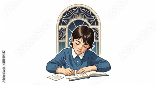 Child Writing Notes in Classroom Setting with Art Deco Window Background