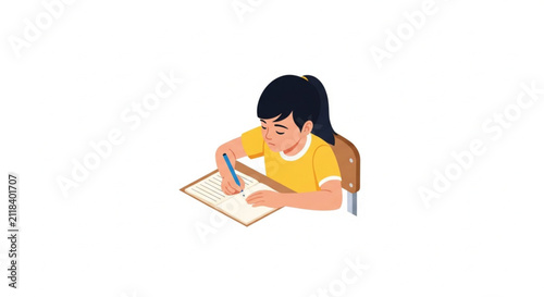 Child's Hand Writing in Notebook with Blue Pencil in Classroom, Simple Vector Illustration