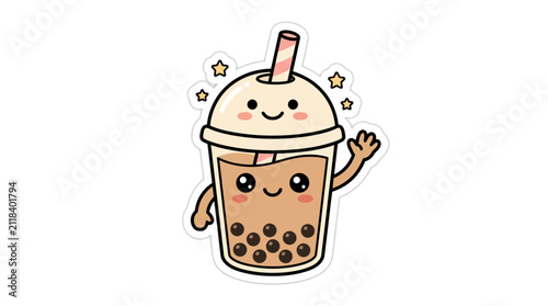 Cute Kawaii Bubble Tea Character Sticker Illustration with Waving Hand